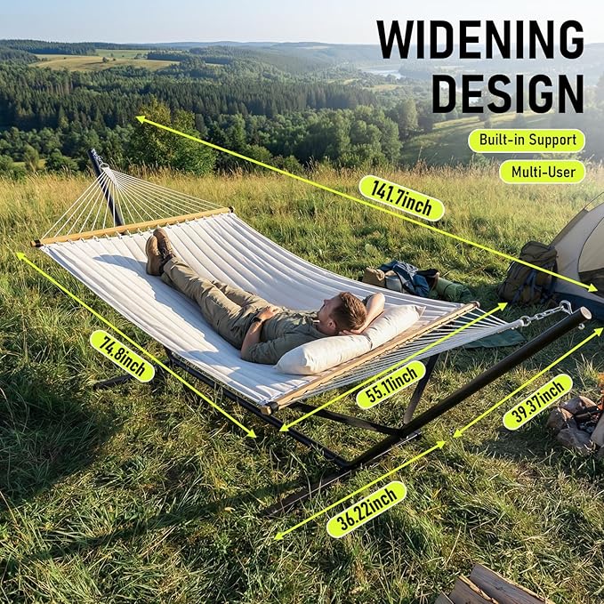 FULIYE Double Hammock with Stand for Outdoor,2 Person Heavy Duty Portable Hammock with Adjustable Steel Stand and Balance Ropes Included – for Patio, Backyard, Garden, Beach((Beige)