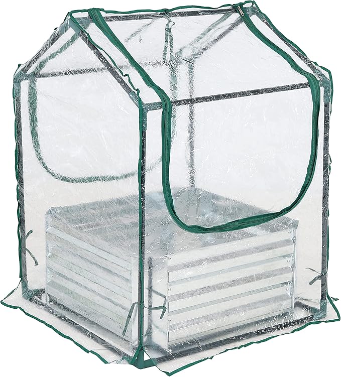 Sunnydaze Steel Raised Garden Bed with Mini Greenhouse - Outdoor Greenhouse Kit - 2 Zippered Doors - Clear - 2' x 2'