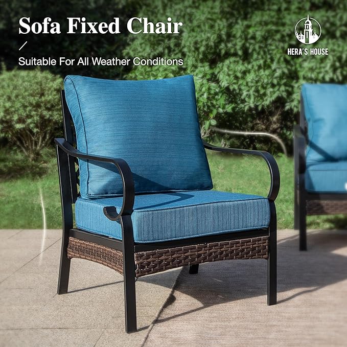 HERA'S HOUSE Patio Chairs Set of 2, High Back Outdoor Dining Chairs with Thick Cushions, All Weather Metal Frame Furniture for Garden, Backyard, Deck, Peacock Blue