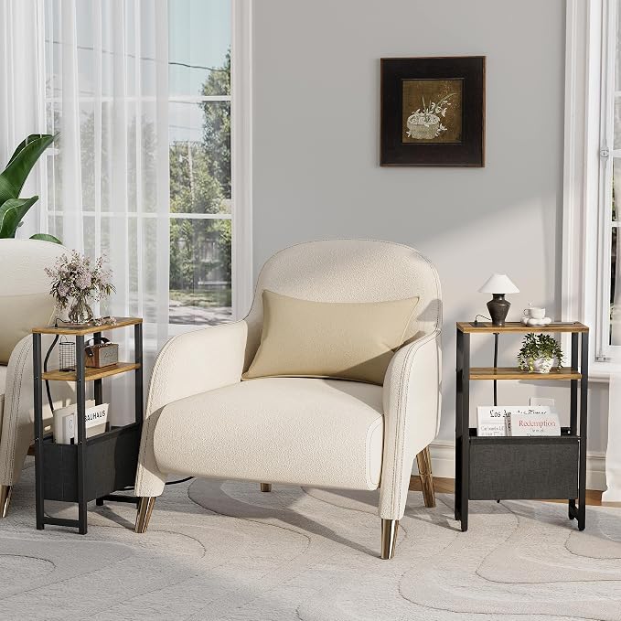 Narrow Side Table with Charging Station Slim End Table Sofa with Magazine Rack, Bedside Table for Small Spaces, 3 Tier Nightstand for Living Room Couch, Bedroom Walnut Brown LET503BRE