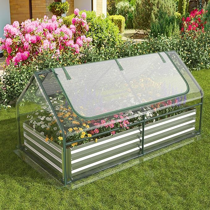 S AFSTAR Raised Garden Bed with Cover, 6FT x 3FT x 3FT Galvanized Bottomless Garden Bed with Greenhouse, Dual 2-Tier Roll-Up Windows, Easy Venting & Watering, Outdoor Metal Planter Box Kit with Cover