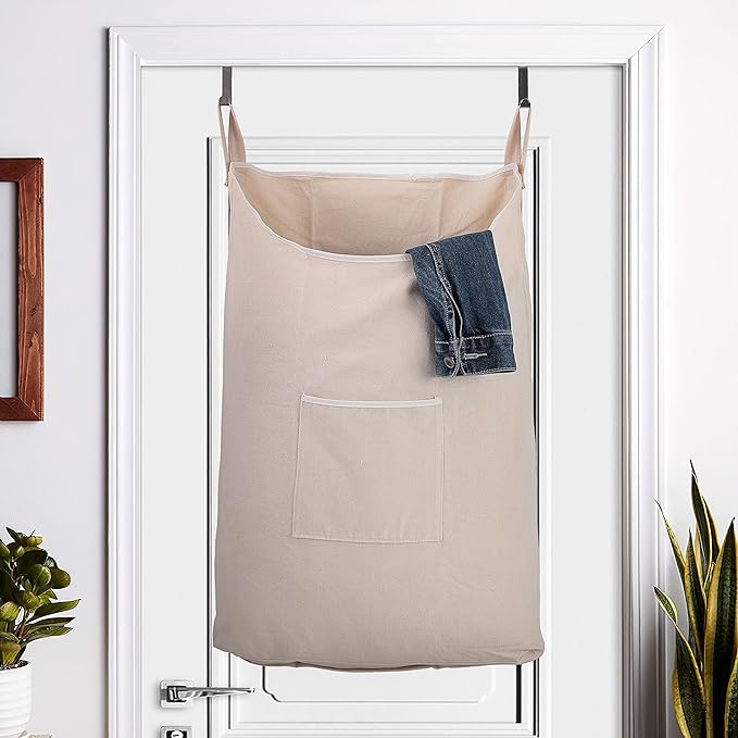 Laundry Hamper with Front Pocket,Door Hanging Laundry Bag, Beige, 2PC X 65L