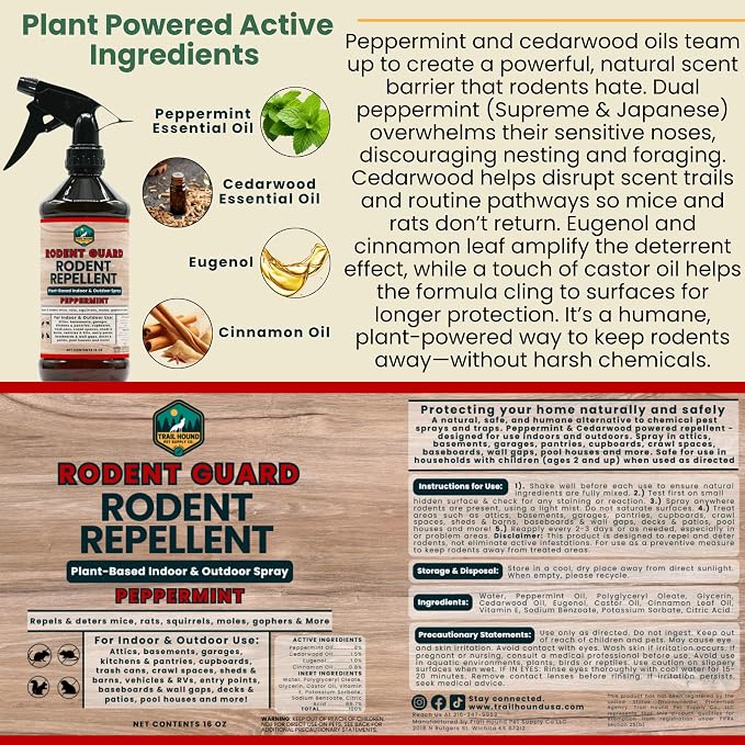 Peppermint Oil Spray for Rodents - Rodent Guard - Natural Peppermint Rodent & Pest Control Spray - Plant-Based Indoor & Outdoor Mouse Spray - Safe Around Pets & Kids - Repels All Mice and Rats 16oz