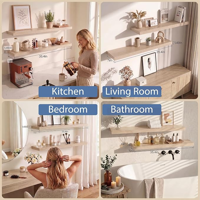 Oak Long Floating Shelves, 36 Inch Wooden Bathroom Shelf Set of 2 | Books & Decor Display Shelves, Wall Mounted, Easy Install, Easy-Clean, 33lbs Max Load, Hidden Brackets, Bedroom Living Room