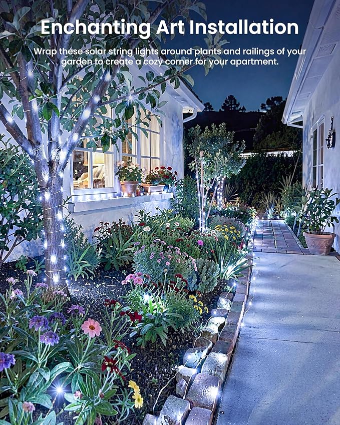 Minetom 2 Pack Solar String Lights, Total 66Ft 200 LED Solar Fairy Lights Outdoor Waterproof, 8 Modes Firefly Starry Moon Twinkle Lights for Yard Garden Patio Tree DIY Crafts Wedding Party(Cool White)