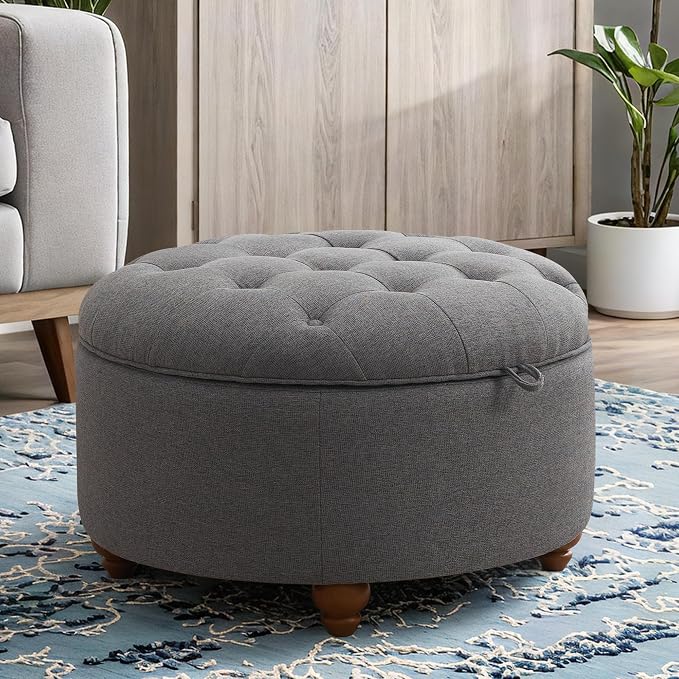 30'' Round Ottoman Coffee Table with Storage, Upholstered Tufted Ottoman with Flip Tray, Solid Wood Legs for Living Room, Bedroom, Dark Grey