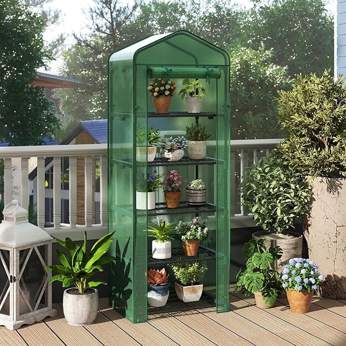 Giantex Mini Greenhouse Indoor Outdoor, 27" x 19" x 75" Portable Plant Grow House with 5 Tier Shelves, PE Cover, Roll-Up Zipper Door, Rustproof Elector-Coating Metal Frame for Patio Balcony Garden