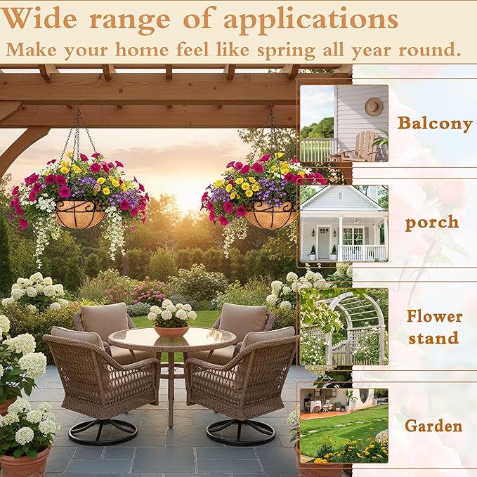 2 Pack 12" Round Metal Hanging Basket for Outdoor Plants Durable Large Hanging Planter with Coco Coir Round Plant Holders Planter for Outside Garden Decoration (Flower Border)
