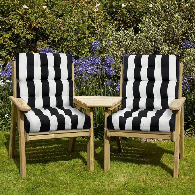 Magpie Fabrics Indoor Outdoor Tufted High Back Chair Cushion Set of 2, Waterproof All-Weather Deep Seating Rocking Chair Patio Chaise Lounge Sun Lounger Chair Cushions (Black White)