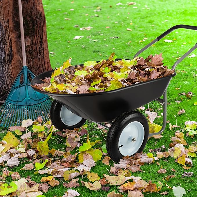 Wheelbarrow - 2-Wheel Garden Cart with 300lb Weight Capacity and Padded Handle - Wheelbarrows for Landscaping and Lawn Care by Pure Garden (Black)