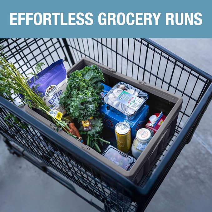 CleverMade Collapsible Shopping Basket, 32L Storage Crate, 3 Pack, Stone