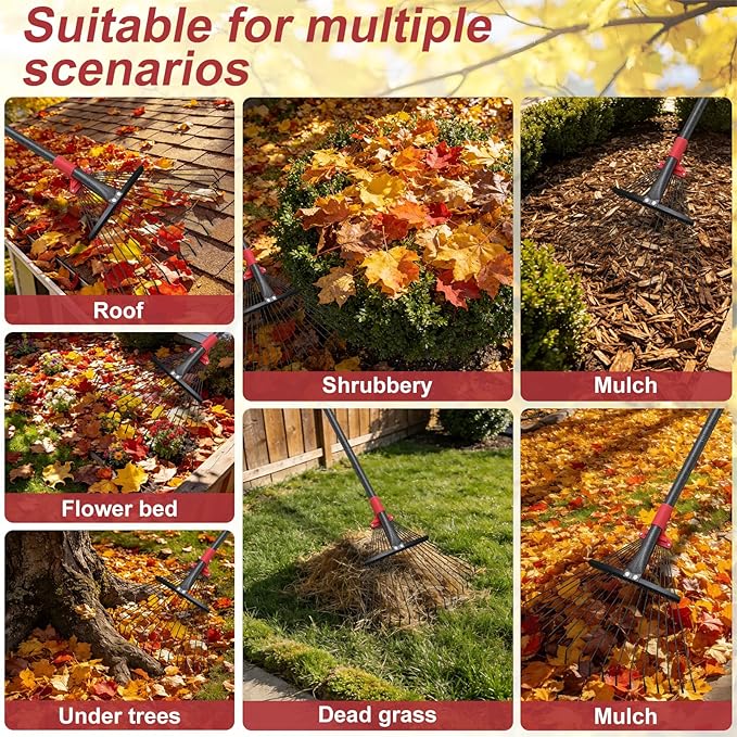 91Inch Adjustable Metal Leaf Rake, 18 Metal Tines Heavy Duty Leaves Rake for Lawns with 8-18" Expandable Head Long Handle Garden Rakes for Women Kids Leaves Yard Gardening Grass Outdoor Camping Debris
