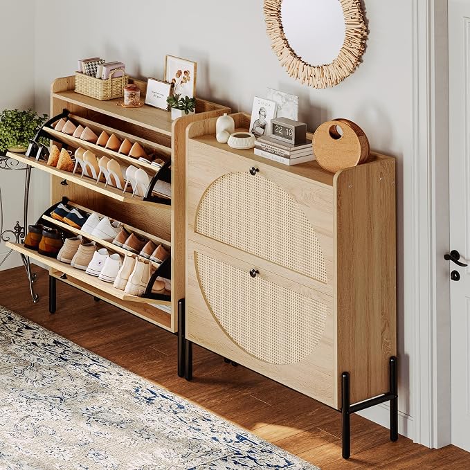 IRONCK Rattan Shoe Cabinet Storage with 2 Flip Drawers, Oak