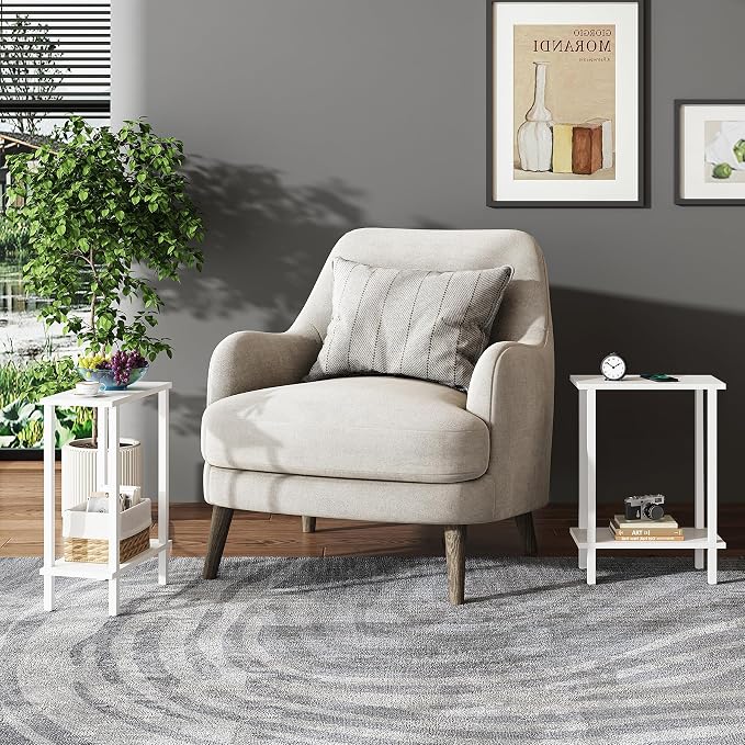TUTOTAK Narrow Side Table, 2-Tier Small End Table for Couch | Skinny Sofa Table, Slim Nightstand, Easy Assembly for Living Room, Bedroom, White TB01BW062