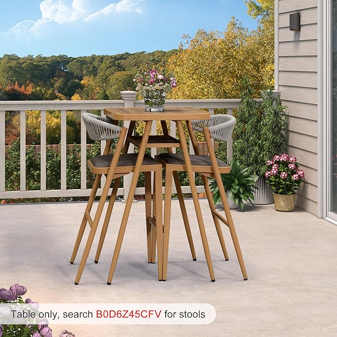 PURPLE LEAF Outdoor Bar Height Table Aluminum Patio High Bar Stools Pub Dining Table for Kitchen Island Balcony Deep Teak