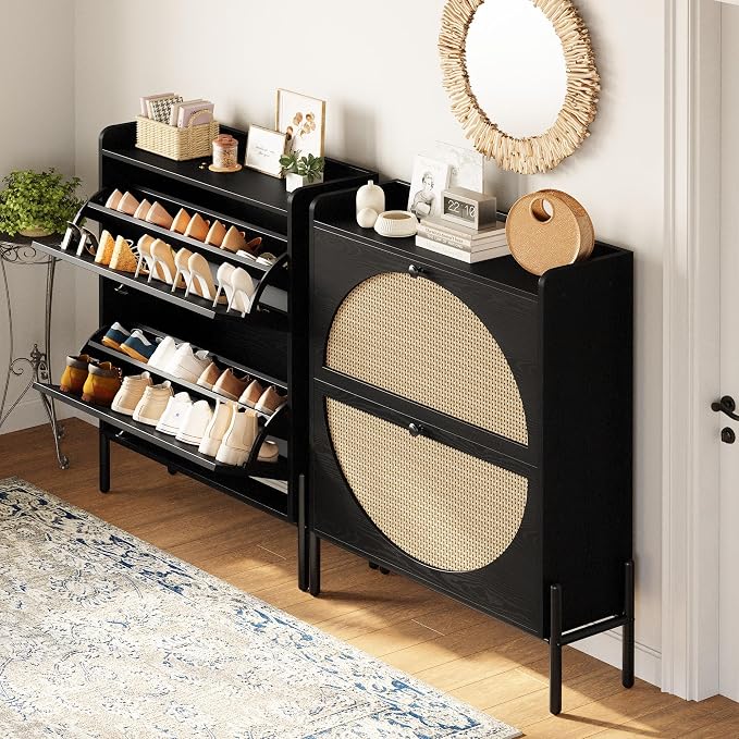 IRONCK Rattan Shoe Cabinet Storage with 2 Flip Drawers, Black