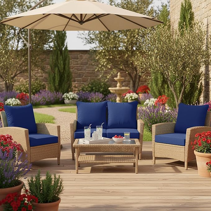 Summsun Outdoor Cushions for Patio Furniture 24 x 24 Inch, Double-Sided Waterproof Backrest and Deep Seat Cushion Set with Removable Cover, Navy, Set of 4