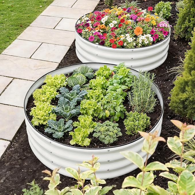Galvanized Raised Garden Bed Outdoor 2Pcs | 4x4x1ft Metal Raised Beds for Gardening with Safety Rubber Strip | Round Planter Box for Plants Like Vegetables Fruits Flowers, White
