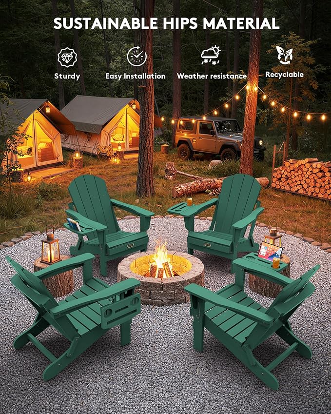 SERWALL Folding Adirondack Chair Set of 2, HIPS Adirondack Chairs with 4 in 1 Cup Holder, Weather Resistant Plastic Chairs for Patio Garden Outdoors Fire Pit - Green