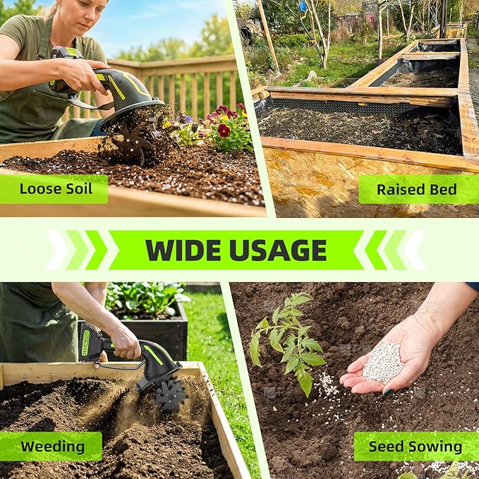 GARDTECH 21V Cordless Tiller Cultivator, 235RPM Electric Hand Tiller with 2×2.0Ah Batteries, 4" Tilling Width & Depth, Powerful Mini Garden Tiller for Gardening, Raised Bed & Soil Loosening