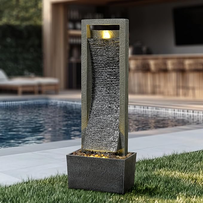 38.6 Inch Tall Indoor Outdoor Water Fountain, Modern Vertical Resin Waterfall with LED Light for Garden, Patio, Yard, Porch & Backyard Decor