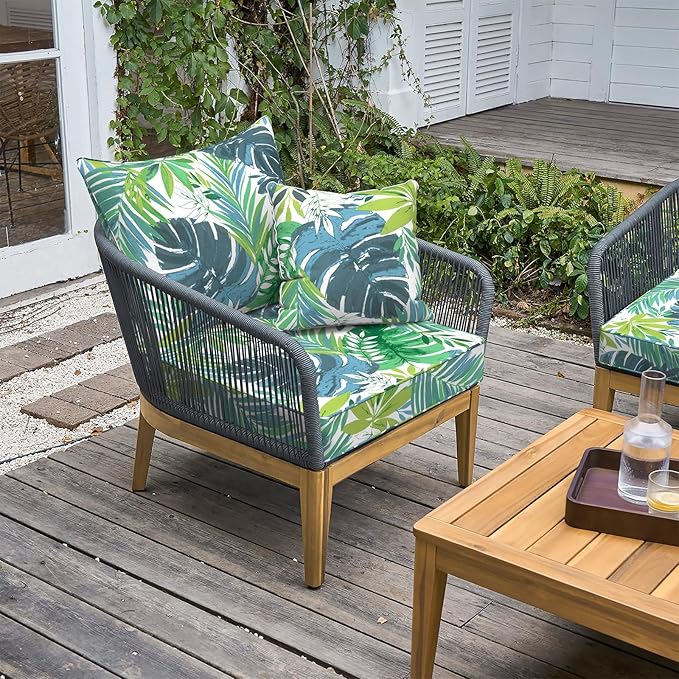 LVTXIII Outdoor Deep Seat Cushion Patio Seat and Back Cushion Set Seasonal Chair Cushion with Removable Cover and Adjustable Buckle for Home and Garden, 24"x24"x4", Islamorada Blue Green