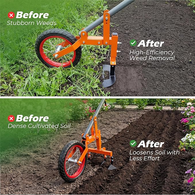 Walensee 2-in-1 Manual Wheel Hoe Garden Cultivator, Push Plow with Adjustable Long Handle 51.9–64.9 in, Dual Tools for Soil Loosening & Weeding, Heavy Duty Steel Frame, Lawn & Garden Tiller