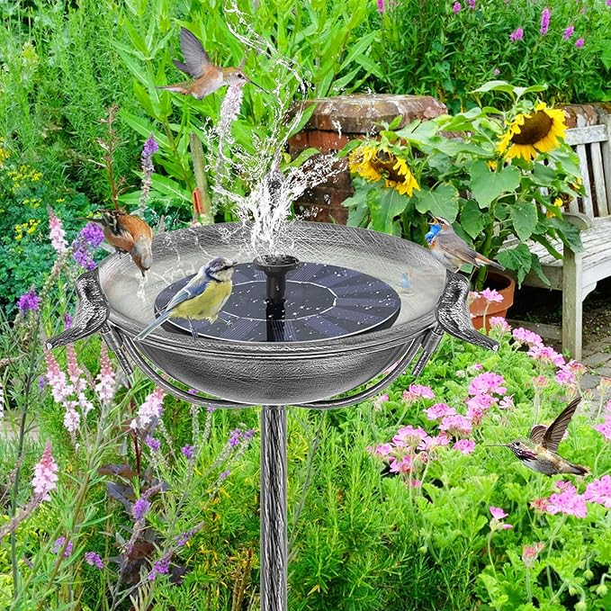 58In Freestanding Birdbaths Bowl Outdoor, Free Standing Garden Bird Bath Feeder Bowl with 3 Bird Statues, Birdbath & Birdfeeder with Metal Stake Garden Yard Lawn Decor (Retro Silver)