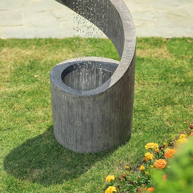 Glitzhome Outdoor Water Fountain, 40" H Polyresin Outdoor Fountain Spiral Shaped Waterfall Fountain with Pump and LED Lights, Modern Garden Fountain Water Feature for Patio, Backyard, Deck Decor