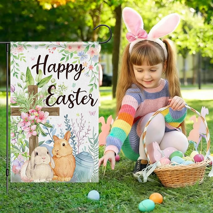 OHOME Easter Decorations - Happy Easter Garden Flag | Easter Party Decorations for Indoor Outdoor Outside - Easter Garland Banner for Front Door | Easter Backdrop Wreath for Window Wall - Easter Decor