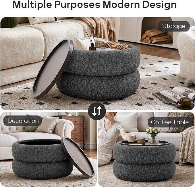 29.5" Round Storage Ottoman, Ottoman Coffee Table with Removable Wood Top | Upholstered Modern Boucle Ottoman with Storage for Living Room, Bedroom, Apartment, DarkGrey