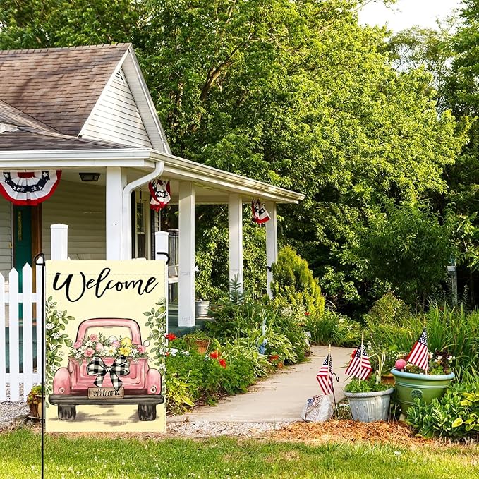 Vintage Pink Truck Garden Flag,12x18 Inch Spring Welcome Floral Design, Decorative Outdoor Double Sided Flag with Buffalo Check Bow, Farmhouse Style