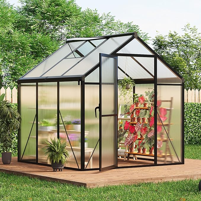 Garvee 6 x 6 ft Greenhouse, Greenhouses for Outside, Polycarbonate Greenhouse with Aluminum Frame, Lockable Door and Ajustable Roof Vent for Backyard, Green Houses for Outside Garden Backyard, Patio