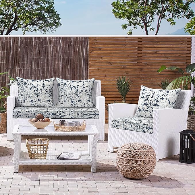 LVTXIII Outdoor Seat and Back Cushion Patio Deep Seat Cushion Set Seasonal Chair Cushion for Wicker Chairs and Garden Furniture Decoration, 22"x22"x4", Damask Lapis