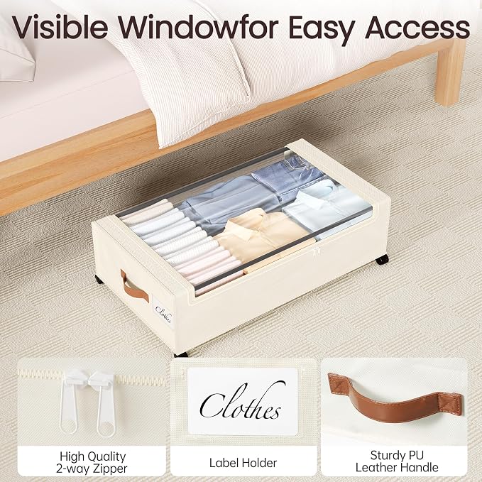 Yecaye 82L Under Bed Storage Containers, Fits 9.4" Under Bed, 2 Pack, Beige