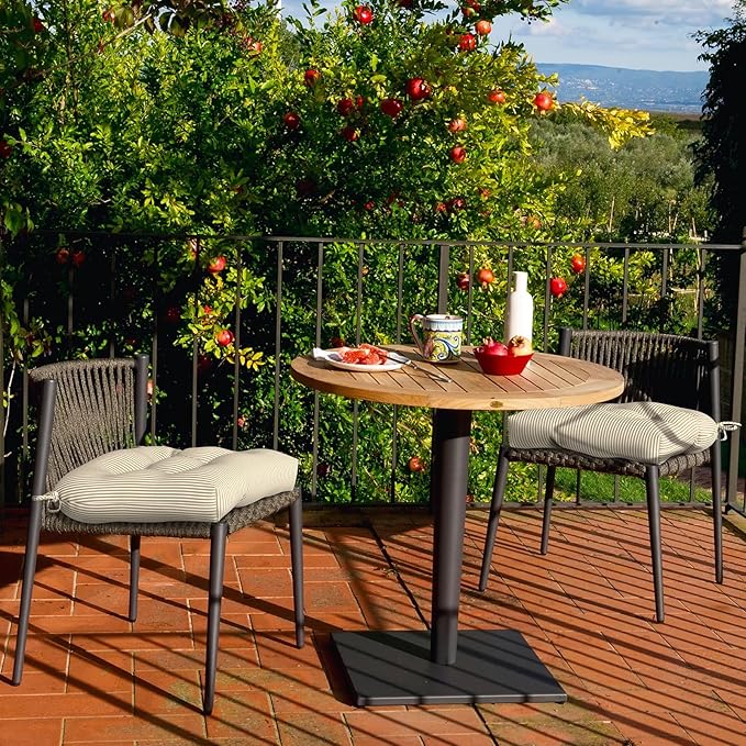 DYTXIII Set of 2 Outdoor Chair Cushions 19"x19"x4", Water Repellent Tufted Patio Seat Cushions with Ties, Thick Replacement Pads for Wicker Dining Chairs, Patio Furniture, Stripe Beige