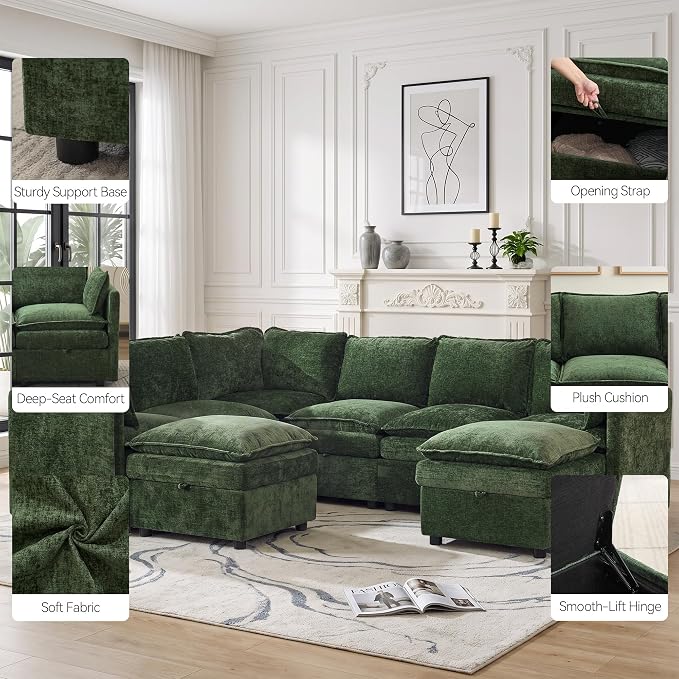 105" Storage V-Shaped Modular Sectional Sofa with 2 Ottomans, Green