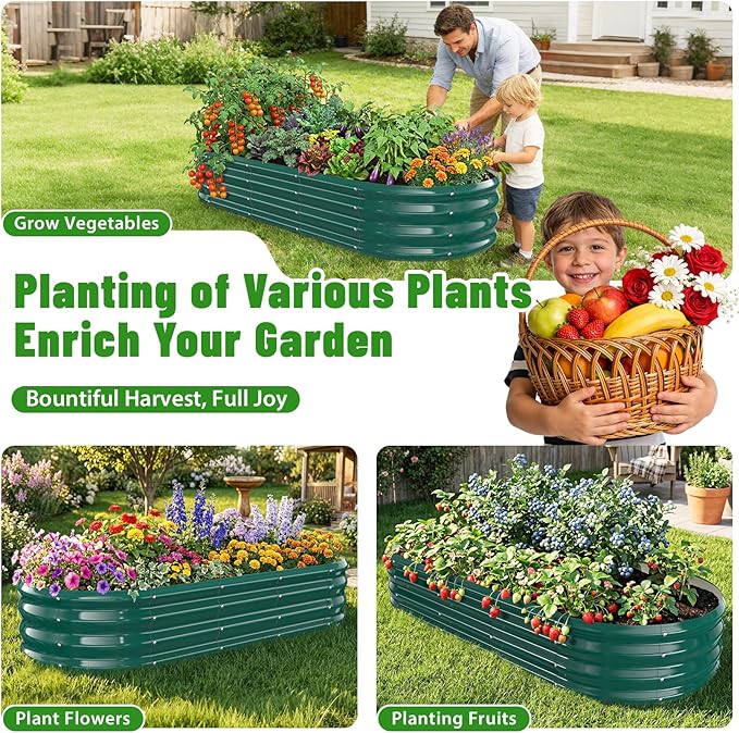 Oval Raised Garden Bed, 5 x 2 x 1FT, Galvanized Steel Planter Box with Wave-Shaped Metal Panels Painted for Outdoor Flower,Tree,Herb & Vegetable Garden (Green, 60X24X12 inches)