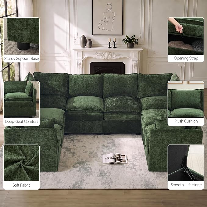 105" U-Shaped Storage Modular Sectional Sofa for Living Room, Green