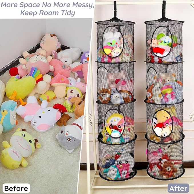 Basumee Hanging Stuffed Animals Storage, 2 Pack Mesh Plush Storage, 4-Tier