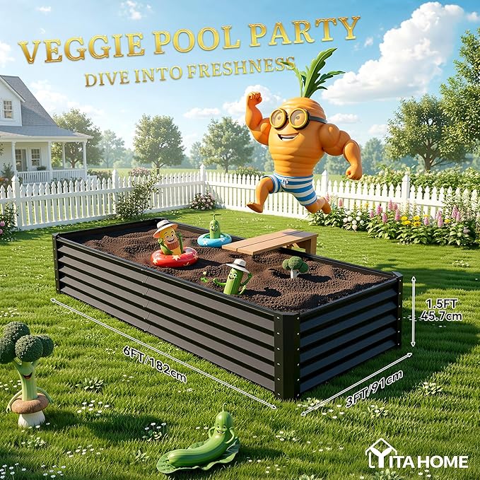 YITAHOME 6x3x1.5 2pcs Large Raised Garden Bed Kit, Galvanized Metal Planter Box with Gloves, Ground Nails, Support Rod, Outdoor Above Ground Planters for Plants Vegetables Flowers, Black