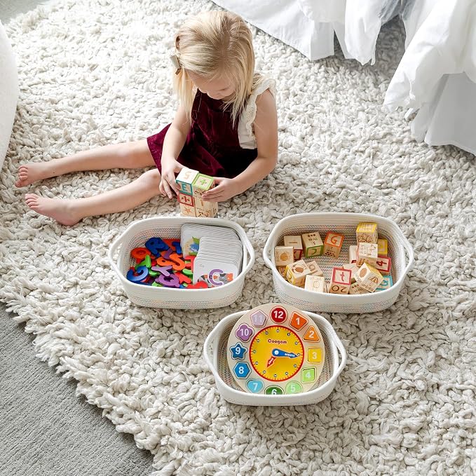 NaturalCozy 5-Piece Rectangle Storage Basket Set- Natural Cotton Rope Woven Baskets for Organizing! Small Basket for Montessori, Baby Nursery, Dog Toy Baskets, Cat Toy Box, Bathroom Organization Bin