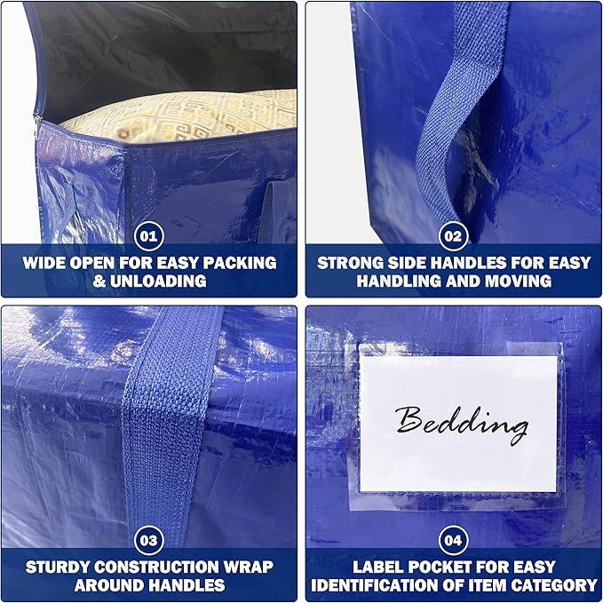 4 Pack Extra Heavy Duty Large Moving Bags with Strong Zipper & Carrying Handles, Sturdy Clothes Storage Bag Totes Bins, Packing Bags Moving Boxes College Moving Supplies, Dark Blue - 33 gal