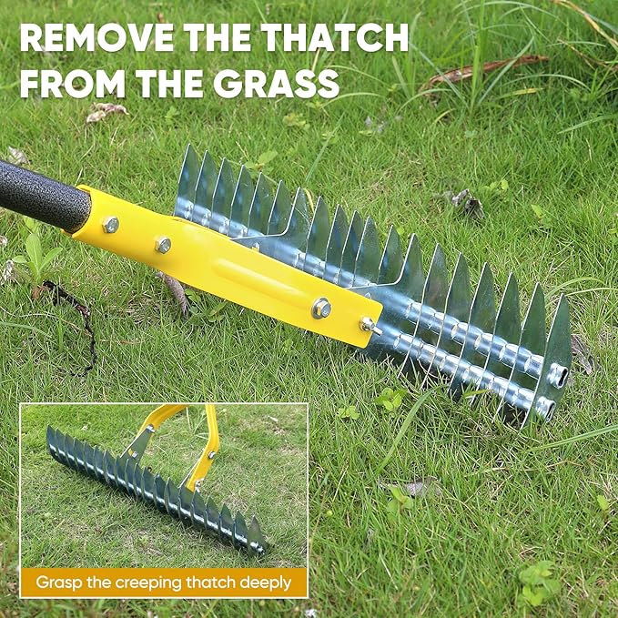 Thatch Rake, 15-Inch Steel Lawn Dethatcher with Handle, Heavy Duty Grass Cleaning Tool for Dead Grass and Soil Loosening, Versatile Yard and Garden Grooming
