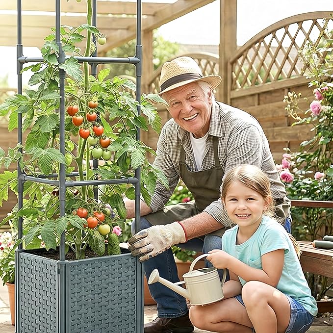 Raised Garden Bed Tomato Planter Box with Trellis, 67.6" Tomato Planters Cage w/Self-Watering for Climbing Plants Vegetables, Patio Indoor Outdoor