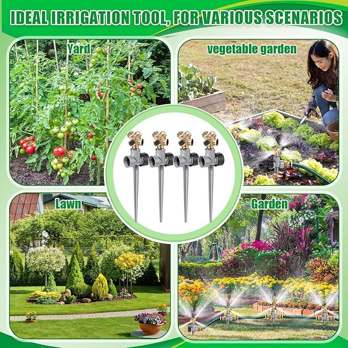 Tioncy 4 Pack Metal Lawn Sprinkler with Brass Nozzle, Heavy Duty Garden Spike Sprinkler Automatic Irrigation Tool for Lawn Garden Yard Greenhouse(Multi Nozzle,Silver)