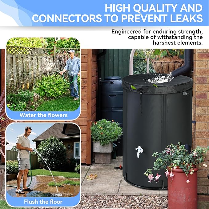 100 Gallon Rain Barrel Water Tank - Portable Collapsible Rain Water Collection Barrel - Large Water Storage Tank - Stable Water Barrels Rain Catcher with Spigot Overflow Kit, Black