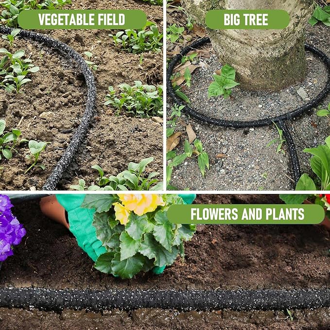 1/4 Inch Soaker Hose for Garden 100ft Soaker Irrigation Drip Hose System, Heavy Duty Drip Irrigation Tubing with Hose Connector Accessories for Watering Garden Beds Vegetable Lawn and Yard (100ft)