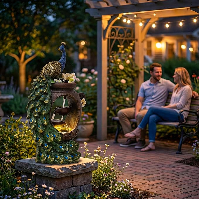 19-Inch Outdoor Water Fountain, 4-Tier Peacock and Cascading Bowls Resin Garden Fountain with Warm LED Light, Peacock Sculpture Water Feature for Garden, Yard, Patio, Deck, Lawn, Porch in Green