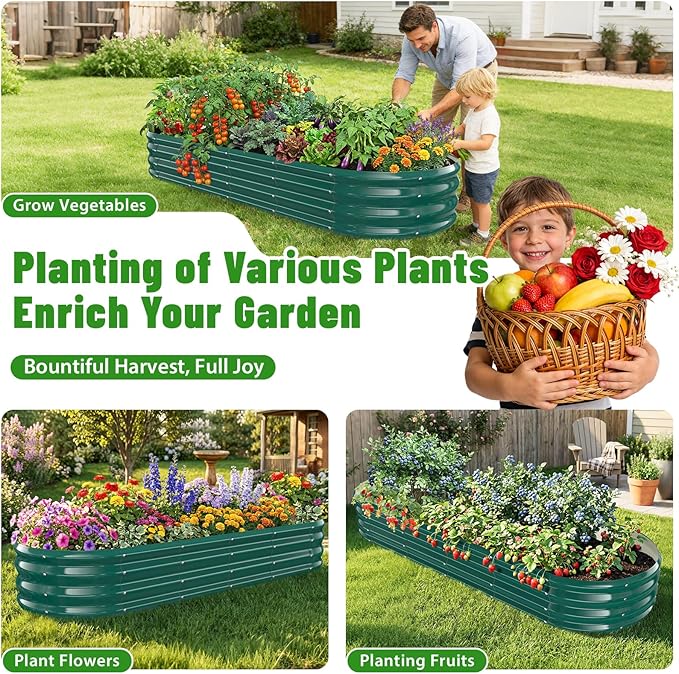 Oval Raised Garden Bed, 6 x 2 x 1FT, Galvanized Steel Planter Box with Wave-Shaped Metal Panels Painted for Outdoor Flower,Tree,Herb & Vegetable Garden (Green, 72X24X12 inches)